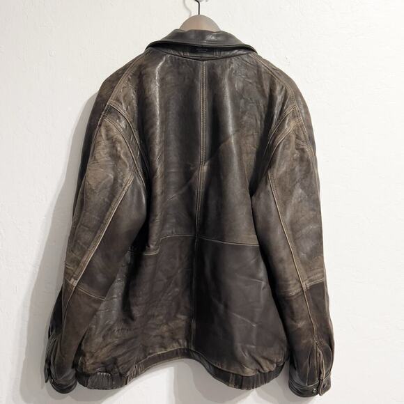 Vintage Brown Leather Bomber Large Full Zip Jacket Dad 80s 90s Distressed Heavy - Picture 2 of 15